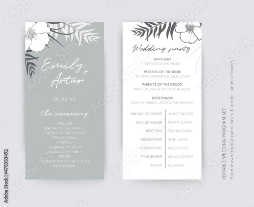 Gray and snow-white elegant vector wedding ceremony and party program card set. Editable tropical palm leaves, foliage decorative border, frame. Modern, minimalist design. Cute, botanical illustration