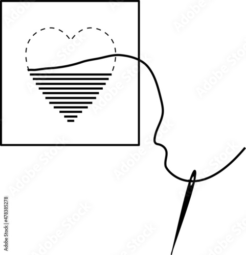Vector heart embroidered on fabric. Needle and thread.