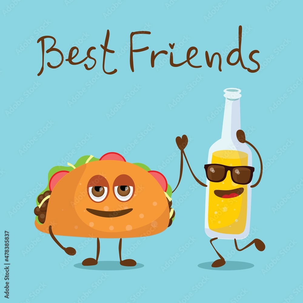 Funny best friends food characters with emotions, includes fast food