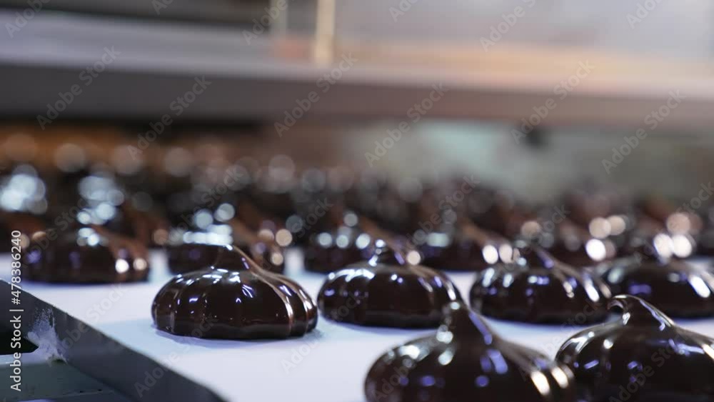 Zephyr candies coated in black chocolate. Ready-made chocolate desserts move on the conveyor belt. Close up. Zephyr candies coated in black chocolate. Ready-made chocolate desserts move on the conveyor belt. Close up.