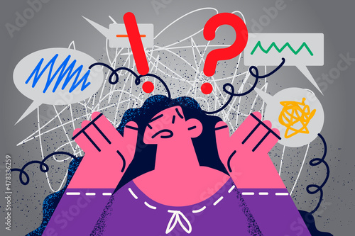 Confused woman have mess in head struggle with anxiety 
