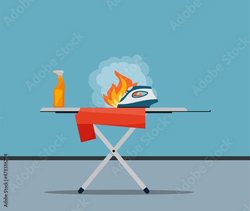 Fire fired iron and ironing board vector illustration.