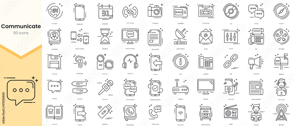 Simple Outline Set of Communication Icons. Thin Line Collection contains such Icons as 24h support, calendar, call forwarding, camera, cassette and more