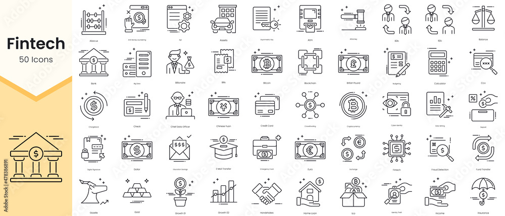 Simple Outline Set of Fintech Icons. Thin Line Collection contains such Icons as abacus, api, assets, asymmetric key, atm and more