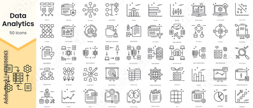 Simple Outline Set of Data Analytics Icons. Thin Line Collection contains such Icons as algorithms, anti virus, api interface, automation, average and more