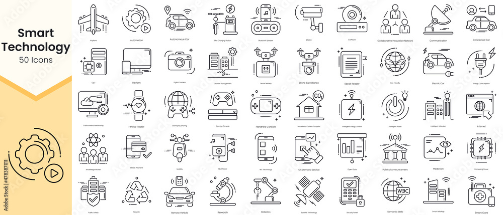 Simple Outline Set of Smart Technology Icons. Thin Line Collection contains such Icons as airplane, automation, autonomous car, bike charging station and more