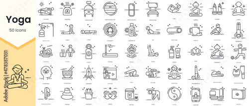 Simple Outline Set of Yoga Icons. Thin Line Collection contains such Icons as acroyoga, aroma, balance ball, balance ball chair, balance board and more