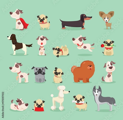 Cute dogs collection. Vector illustration of cartoon different breeds dogs, such as alaskan malamute, corgi, samoyed, border collie, doberman pinscher and pug in flat style. Isolated on white.