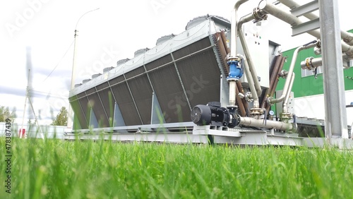 Cooling system for industrial heat exchangers. Industrial fan cooling tower. Adiabatic system.