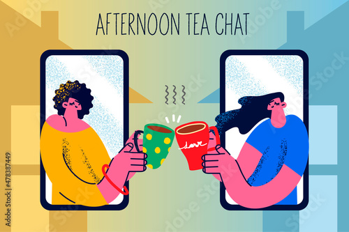Happy women drink tea on online meeting on cell