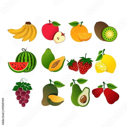 Collection Of Fruits Flat Icons, Fruits Set On White Background