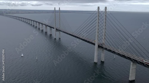 Aerial view of Oresund bridge during a cloudy day, the bridge between Denmark and Sweden. photo