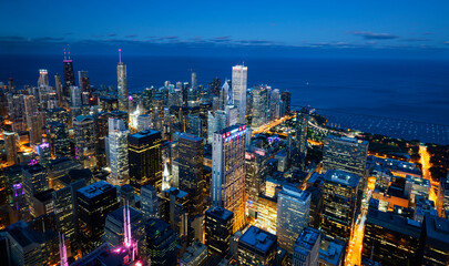 View of Chicago skyline and lake by night