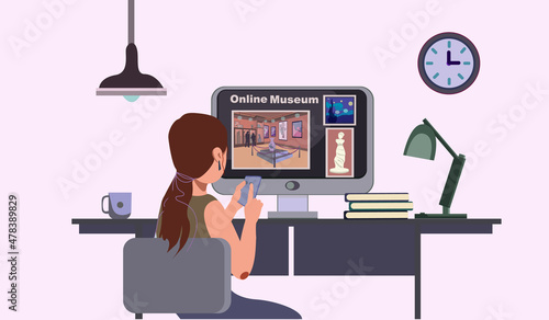 Virtual museum in modern laptop. Online museum stock vector illustration. Woman visiting art exhibition with tablet computer at home in comfort. Virtual museum and art gallery interactive tour vector