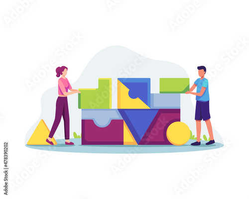 Group of people working together as team. People organize abstract geometric shapes, People put the puzzle. Vector illustration in a flat style