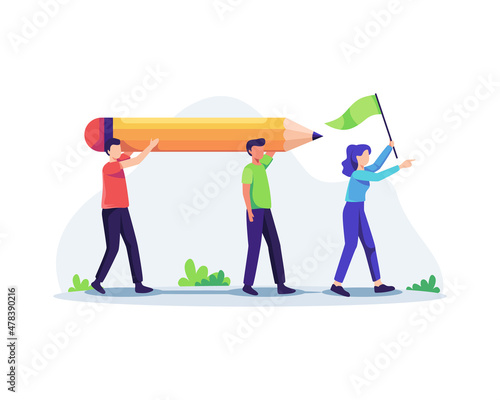 People working together illustration. Tiny people team holding large pencil. Vector illustration in a flat style