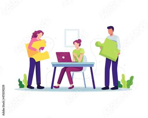 People working together illustration. Startup team looking for new solutions and ideas. Vector illustration in a flat style