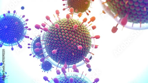 Paramyxovirus mumps , covid-19, Coronavirus Close-up of virus under microscope. Realistic high quality medical 3d animation.