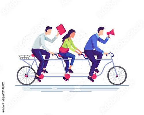 Teamwork vector illustration. Business people riding a bike, People in a team on tandem bike moving towards to achieve common goals. Vector in a flat style