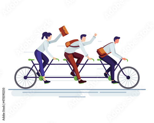 Teamwork vector illustration. Business people riding a bike, People in a team on tandem bike moving towards to achieve common goals. Vector in a flat style