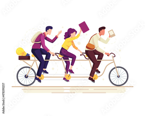 Teamwork vector illustration. Business people riding a bike, People in a team on tandem bike moving towards to achieve common goals. Vector in a flat style