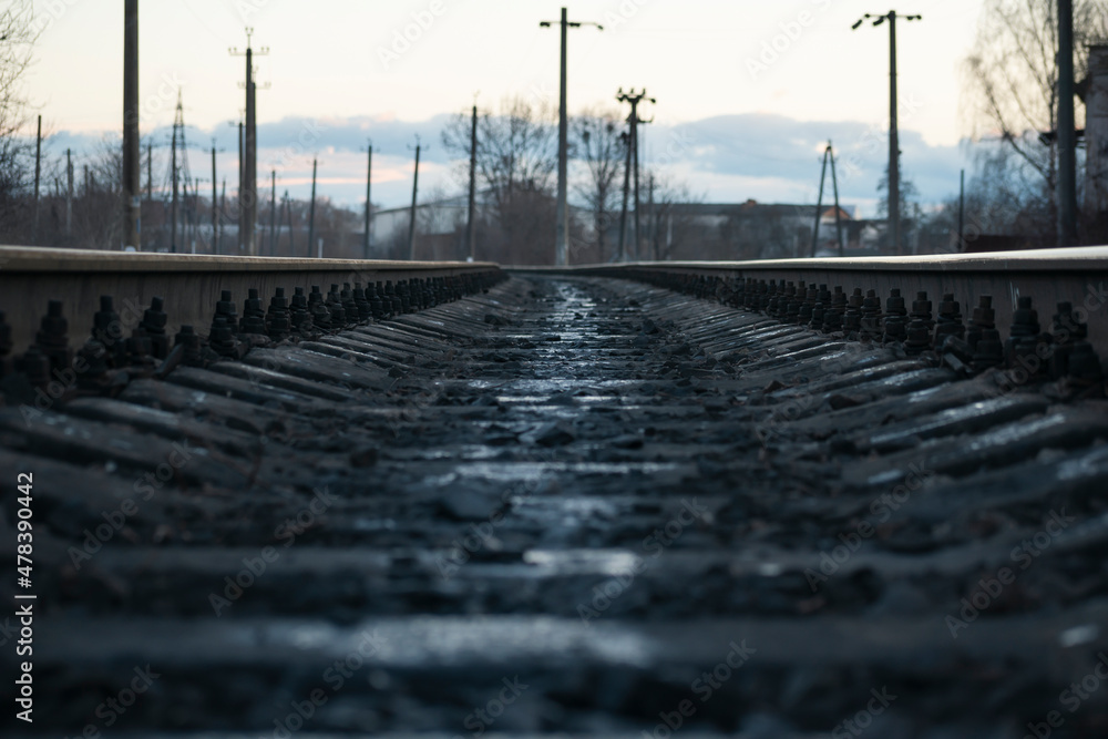 Rail Track Rench Rail branching. Railway close up. Rails for high-speed trains. Railway ...