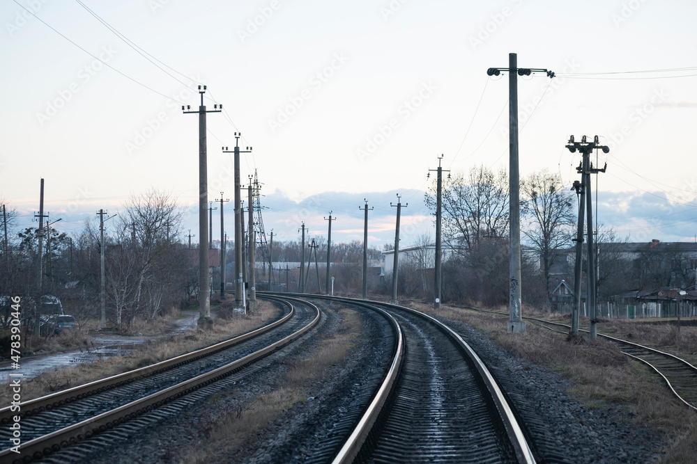 Rail branching. Railway close up. Rails for high-speed trains. Railway tracks with arrows and interchanges.