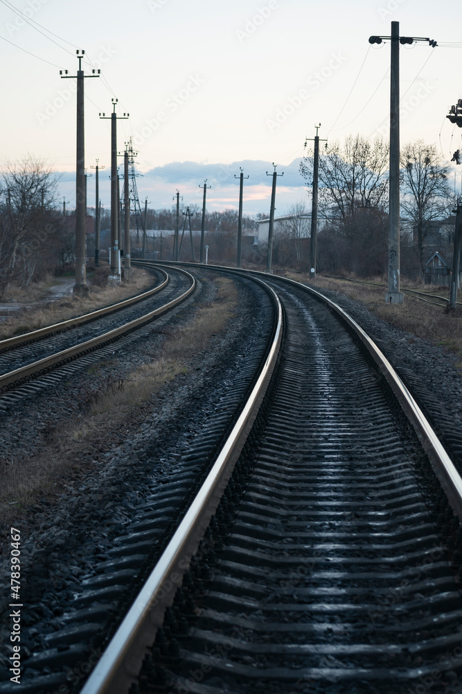 Rail branching. Railway close up. Rails for high-speed trains. Railway tracks with arrows and interchanges.