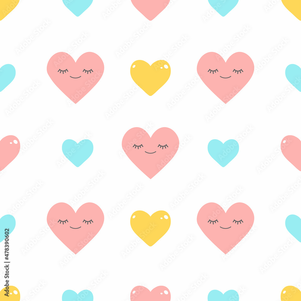 Cute hearts seamless pattern on a white background. Valentines day. Use for print, wallpaper, decoration, fabric, textile. Vector illustration in flat style.
