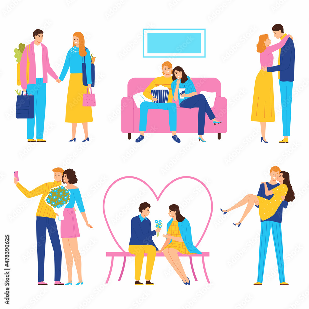 Happy romantic couple on a date. Set of characters isolated on white background. Valentines Day concept. Vector illustration for banners, posters, postcard. Flat.