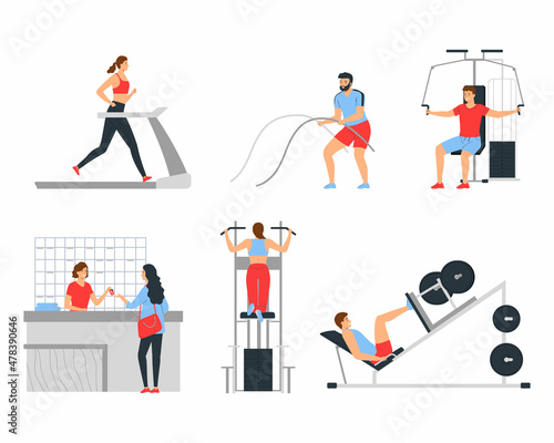 Group of people in the gym. Men and women doing exercises on sports equipment. Healthy lifestyle.Flat vector illustration isolated on white background.