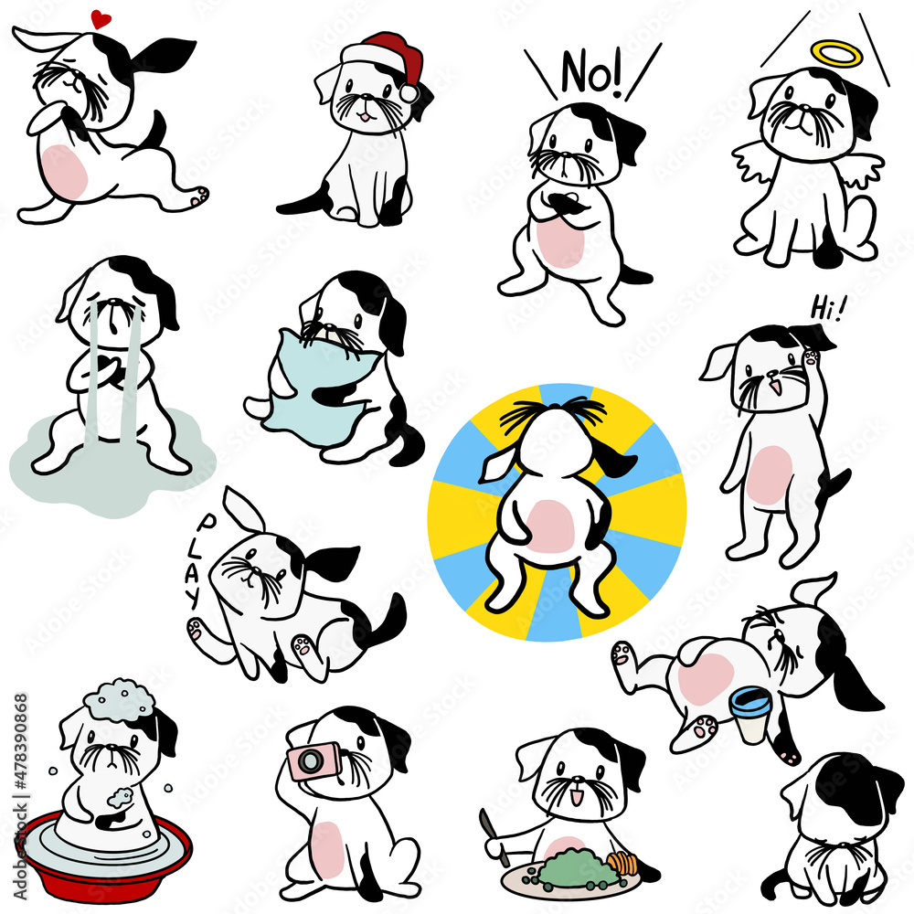 Raster illustration set of cute and funny cartoon little dogs, pet ...
