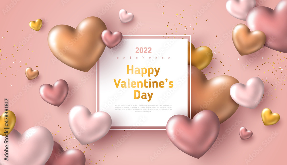 Valentines day rose gold poster wth square frame. Vector illustration. 3d pastel golden hearts ...