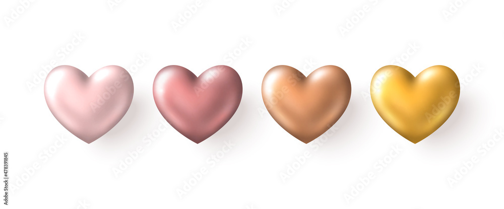 Valentine's day rose gold heart set isolated on white background. Vector illustration. 3d pastel ...