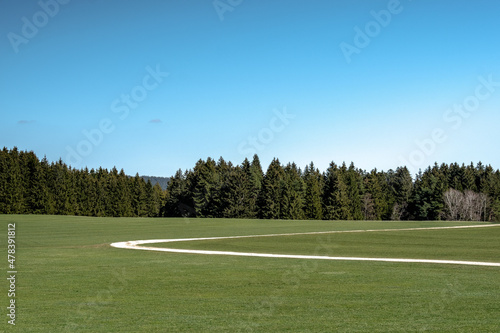 Feldweg auf einer Wiese vor einem Wald unter blauen Himmel © andreasgaertner