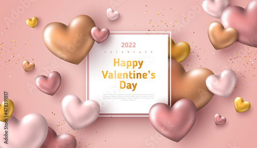 Valentines day rose gold poster wth square frame. Vector illustration. 3d pastel golden hearts with place for text message. Love sale banner, voucher or greeting card. Valentin holiday concept header