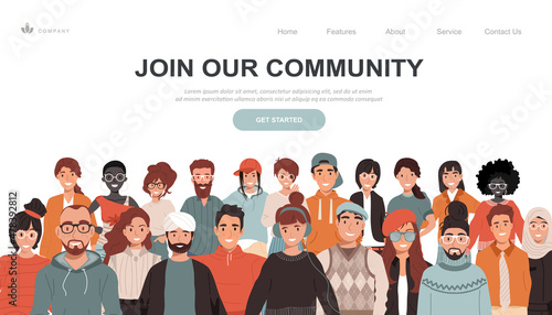 Join our community. Crowd of united people as a business or creative community standing together. Flat concept vector website template and landing page design for invitation to summit or conference