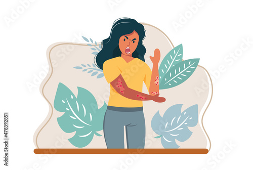 Woman with strong allergy symptoms. Cartoon sad character scratching skin, itching and suffering. Virus disease and eczema concept. Flat vector illustration.