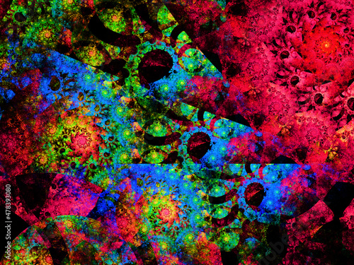 Composición de arte digital fractal consistente en formas en espiral coloridas sobre fondo negro con apariencia de ser un caos espacial de galaxias luminosas. © Pedroml