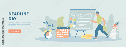 Deadline concept. Stressful situation at work. Final date of the project, tasks, payments. Promotional web banner. Cartoon flat vector illustration with people characters.