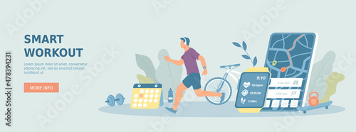 Smart workout. Online fitness tracker, fitness and health tracking mobile app. Healthy activity and lifestyle. Promotional web banner. Cartoon flat vector illustration with people characters.