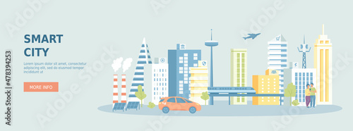 Smart city. Urban landscape with building architecture, communication, infrastructure, transportation, services, eco energy. Promotional web banner. Cartoon flat vector illustration.