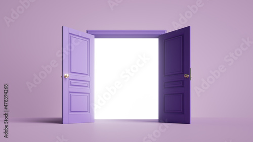 3d render, double door opened, white blank space inside. Architectural or interior element isolated on violet background