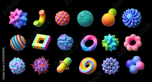3d render. Set of abstract objects, geometric shapes, assorted signs and symbols, clip art isolated on black background.