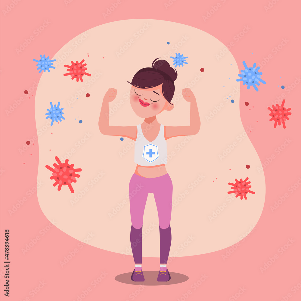 Young strong woman exercise workout character fight to coronavirus. Young strong woman exercise workout character fight to coronavirus.