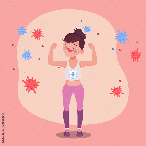Young strong woman exercise workout character fight to coronavirus.
