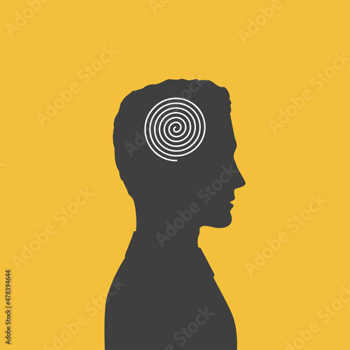 Man with spiral line in head. Ordered thoughts, calm mind and mental health poster.