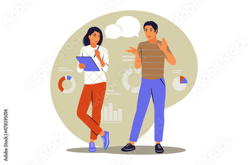 Taking notes concept. Woman taking notes. Vector illustration. Flat.