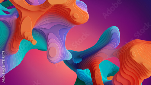 3d render, abstract vivid neon background with volumetric curvy shapes and wavy lines. Colorful creative wallpaper with layered liquid marbling effect