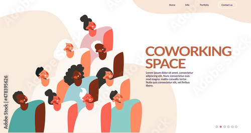 Diverse corporate team or coworkers group of people standing together. Coworking, teambuilding, partnership, squad, collaboration and community of millennial creative company. Flat vector illustration